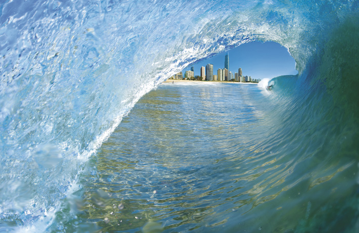 Inside a wave with Surfers Paradise in background